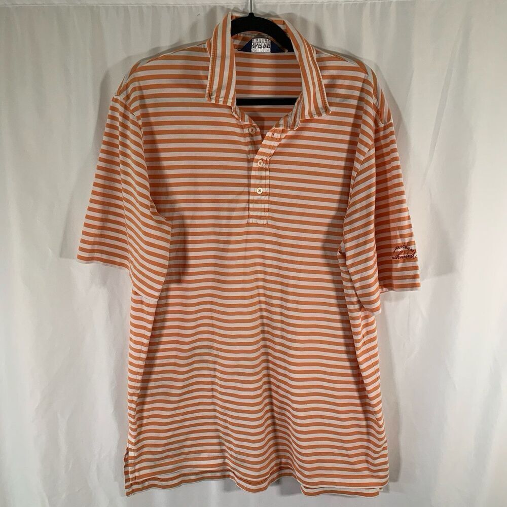 Polo Golf Shirt Mens XL Orange White Striped Short Sleeve 1/4 Button Pima Cotton